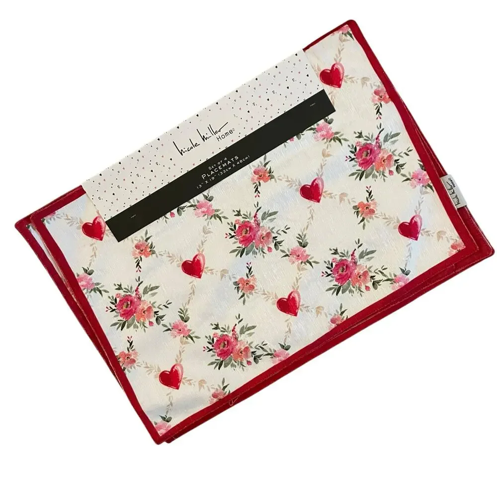 Nicole Miller Valentines Day Heart Placemats 13x19 Pink & Red Floral Set 4 New